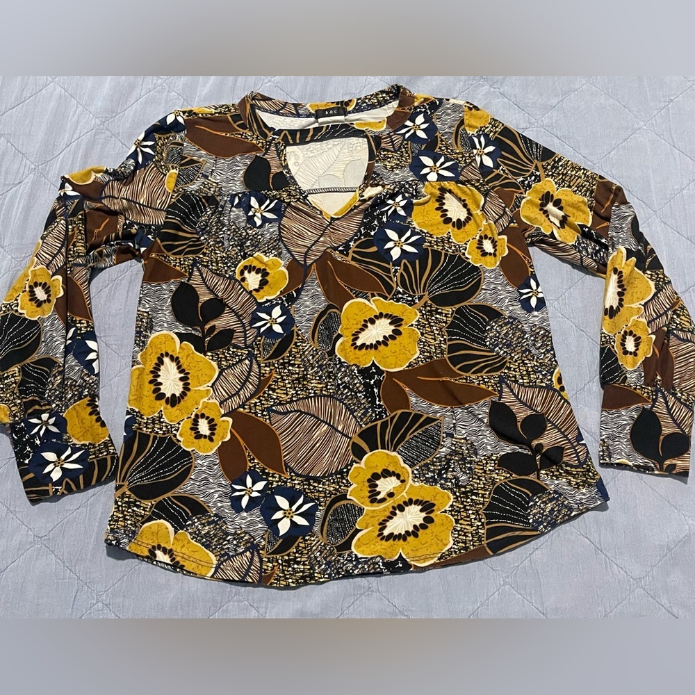 K&C Floral Keyhole Neck Long Sleeve Blouse - Mustard/Navy/Brown - Size Medium - Picture 5 of 8